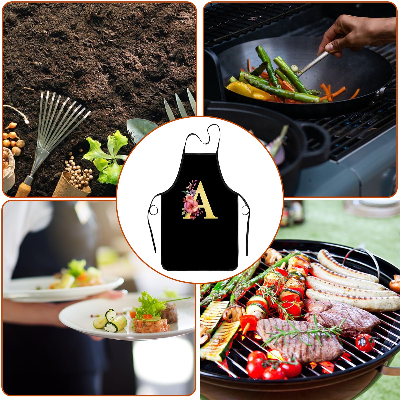 Zukmvuh floral monogram apron in use in kitchen, practical and comfortable