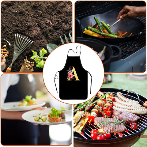 Zukmvuh floral monogram apron in use in kitchen, practical and comfortable