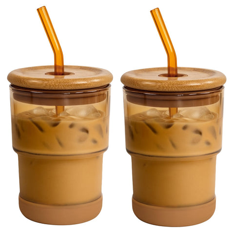 Zukro 13oz glass iced coffee cup with lid and straw for spill-safe drinking
