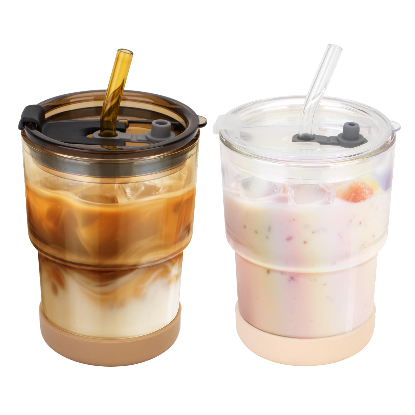 Zukro 13oz glass iced coffee cup with lid and straw keeps beverages secure on the go