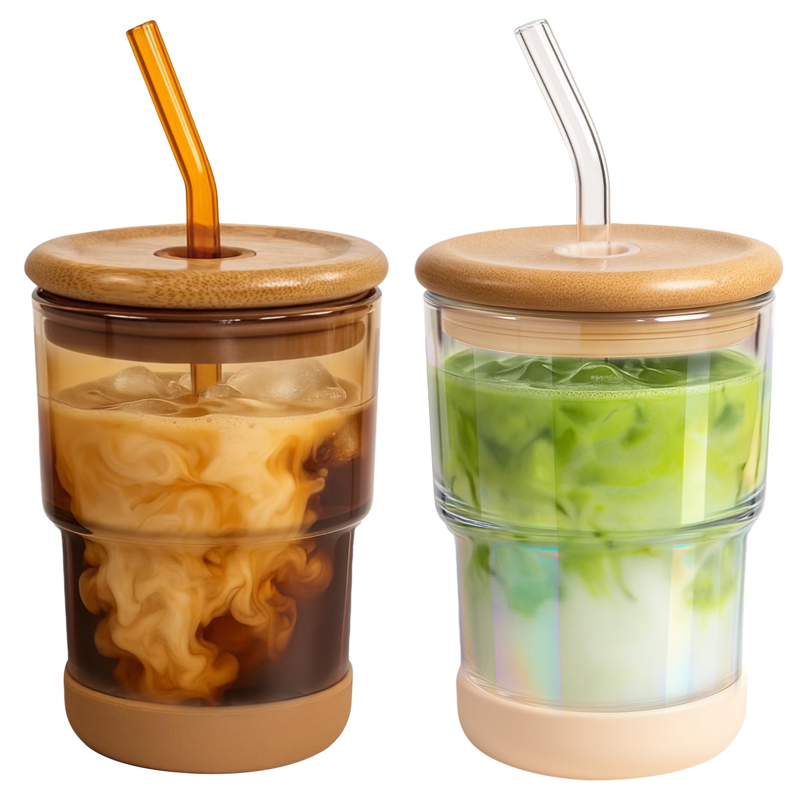 Zukro 13 oz glass iced coffee cup with bamboo lid for daily use.