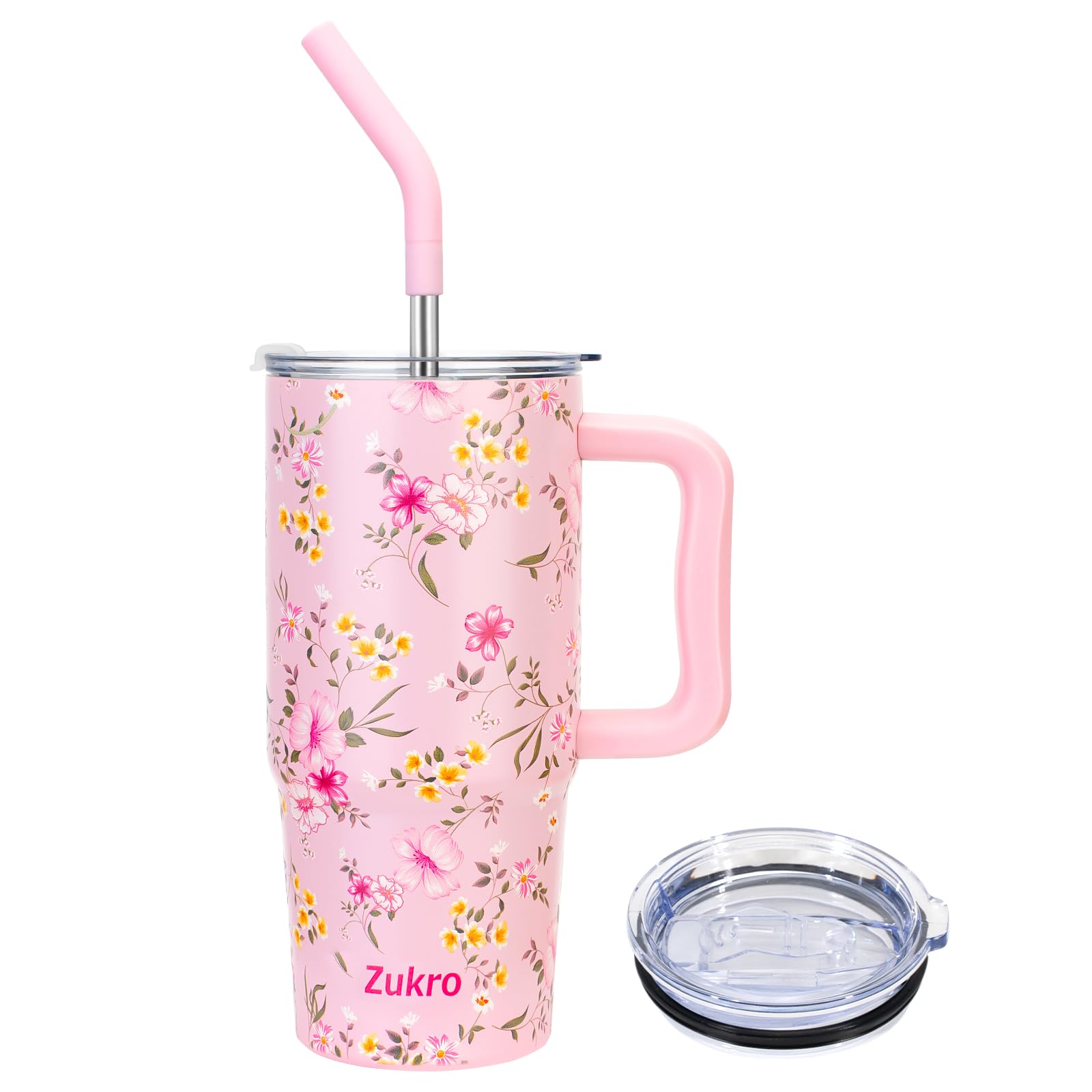 Zukro 24 oz tumbler with handle and straw showing floral pattern for easy daily hydration