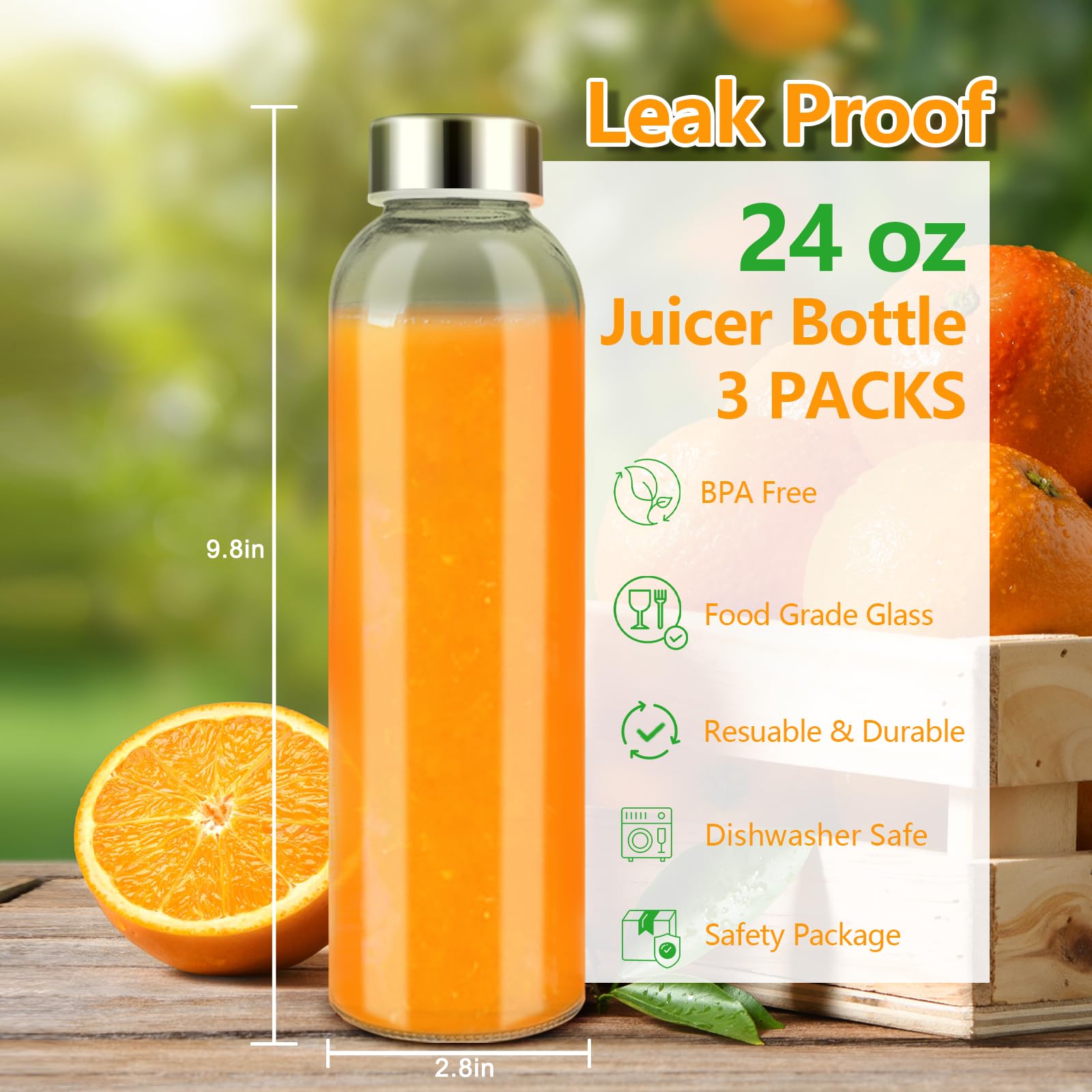 Three-pack Zukro glass bottles ready for juice or smoothies in fridge.