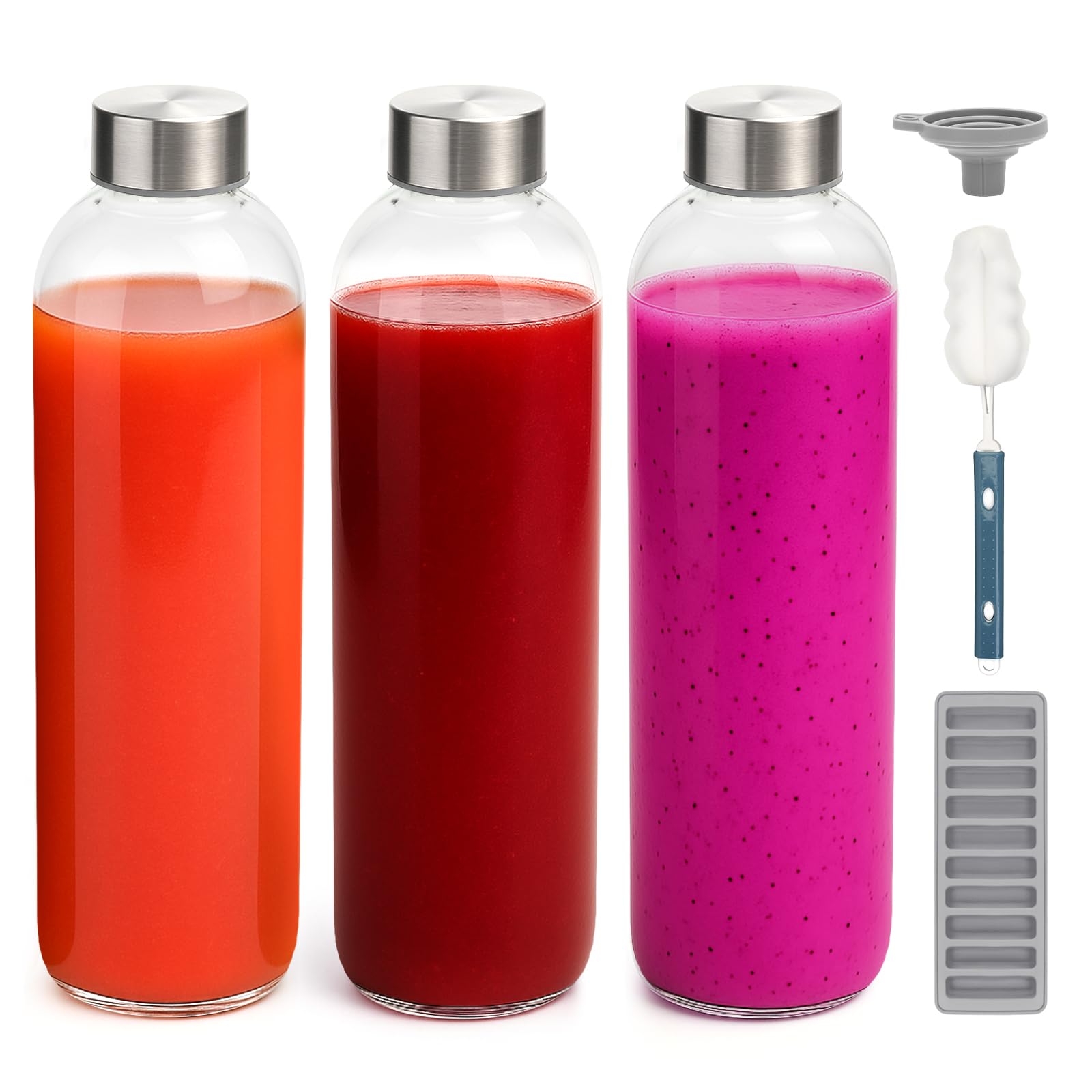 Zukro 32oz glass juice bottle with lid, airtight to keep beverages fresh.