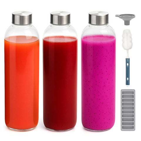 Zukro 32oz glass juice bottle with lid, airtight to keep beverages fresh.