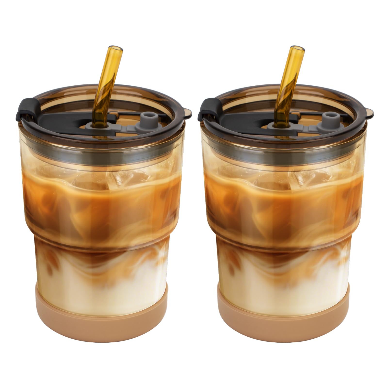Zukro amber 13oz glass coffee cup with lid for spill-free travel.