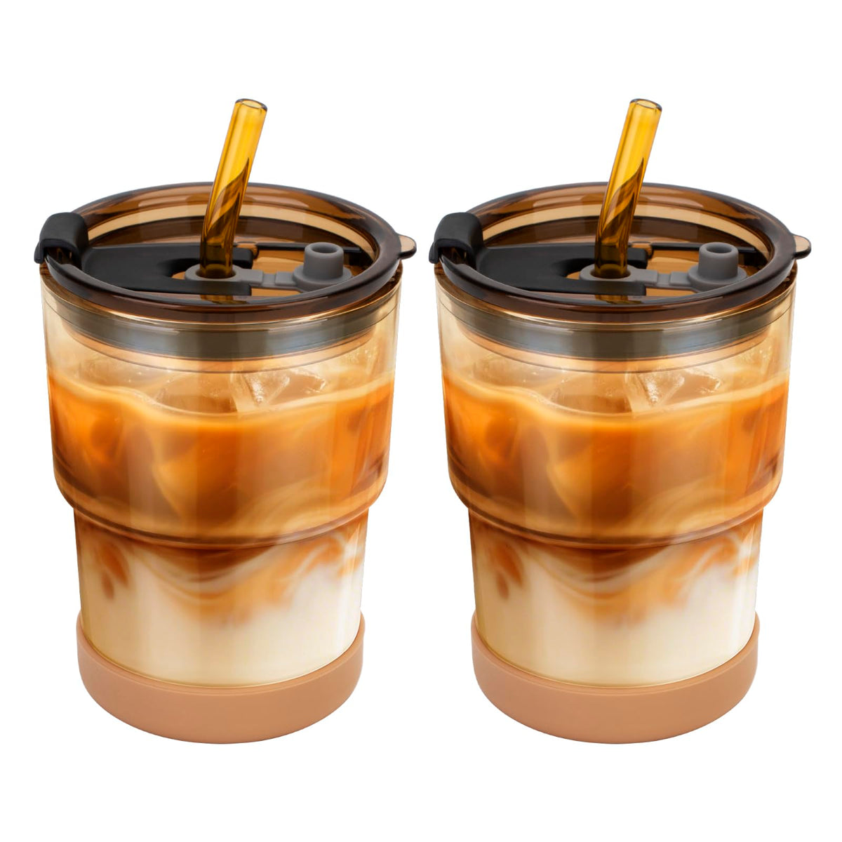 Zukro amber 13oz glass coffee cup with lid for spill-free travel.