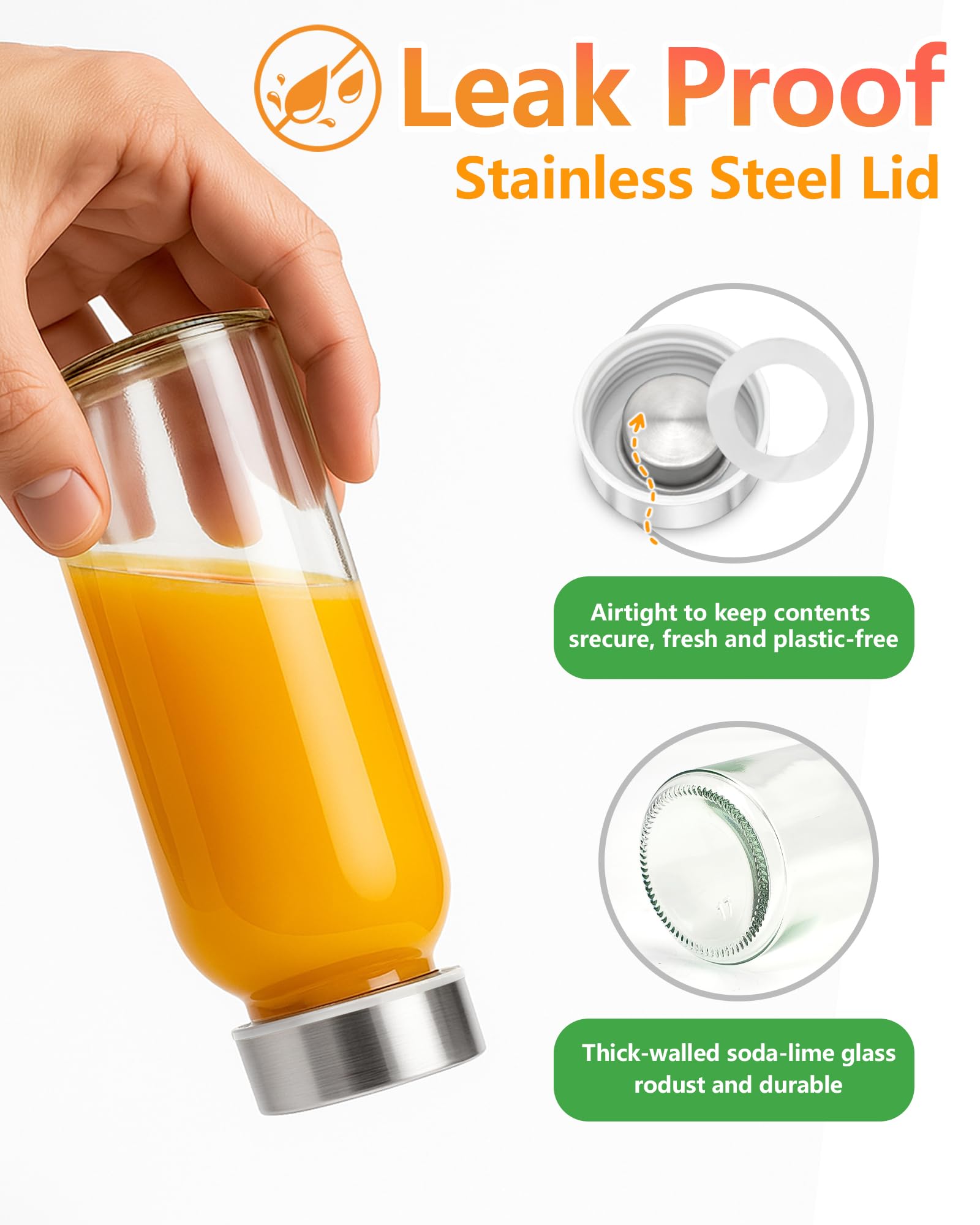 Zukro glass bottle with stainless steel cap prevents leaks.