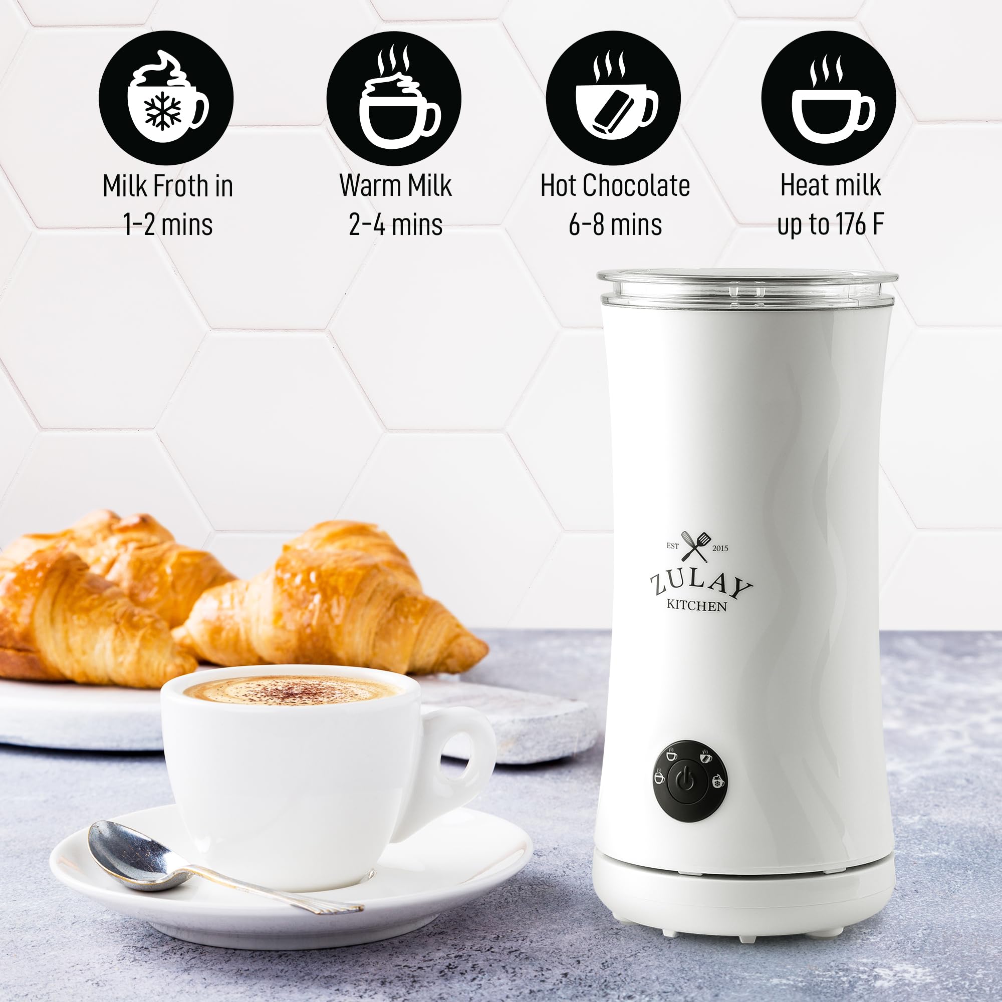 Zulay Kitchen 4-in-1 frother base rotates 360° for flexible use
