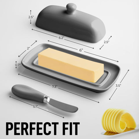 Zulay butter dish features raised edges to prevent sliding while slicing on the counter