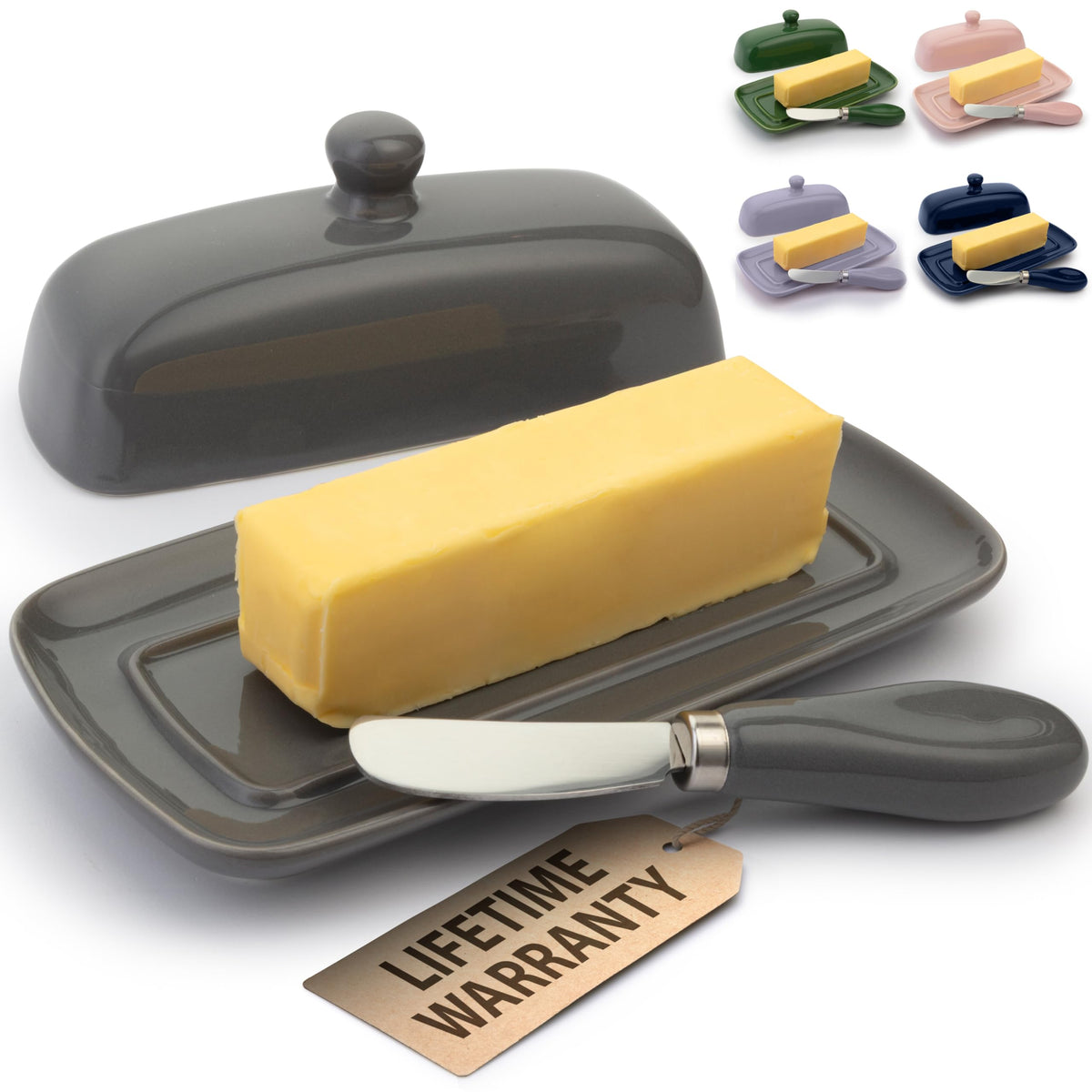 Zulay butter dish with lid on countertop keeps butter ready to spread