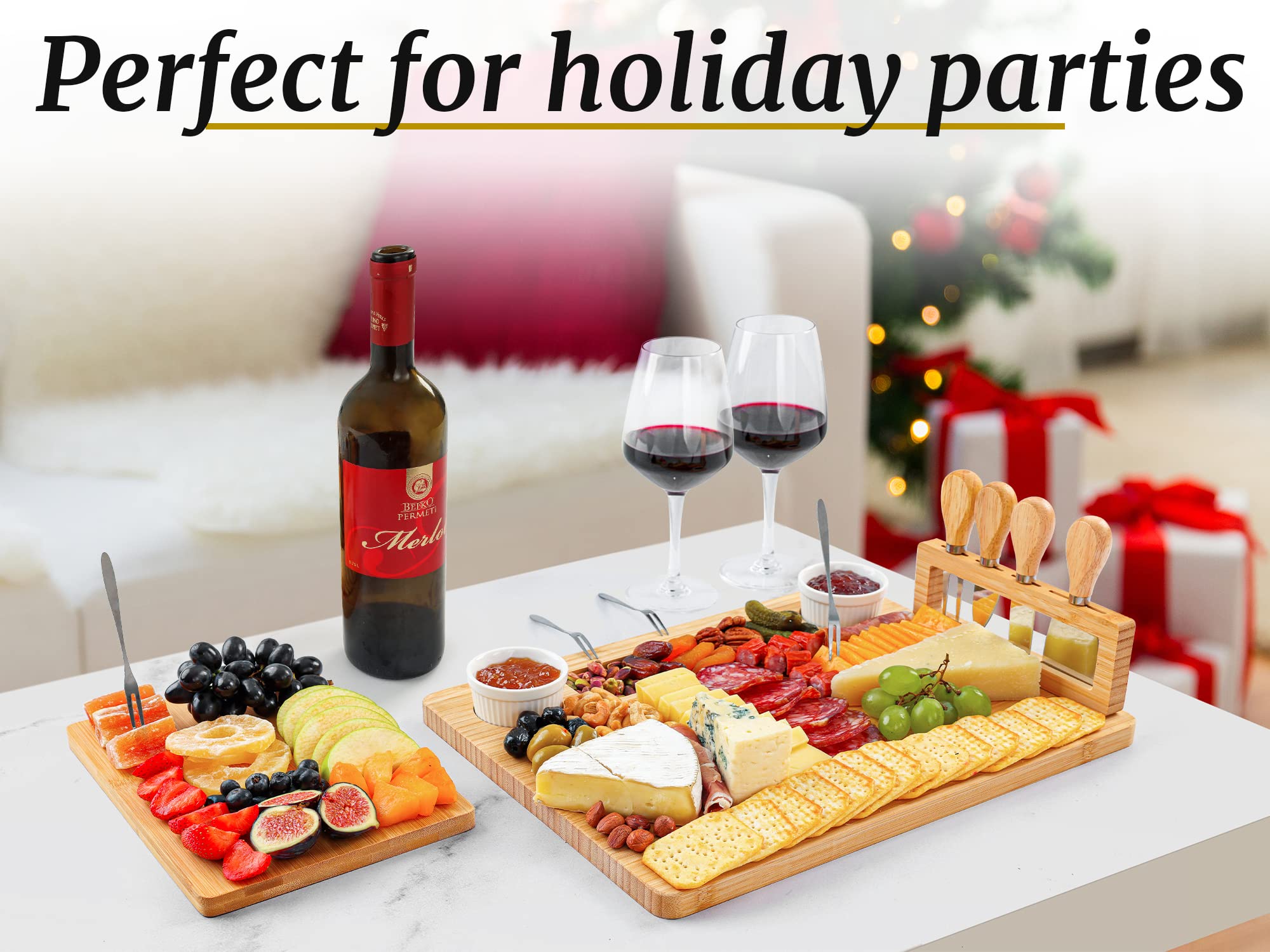 Zulay Charcuterie Board Large accessories featuring knives, forks, and bowls for easy serving.