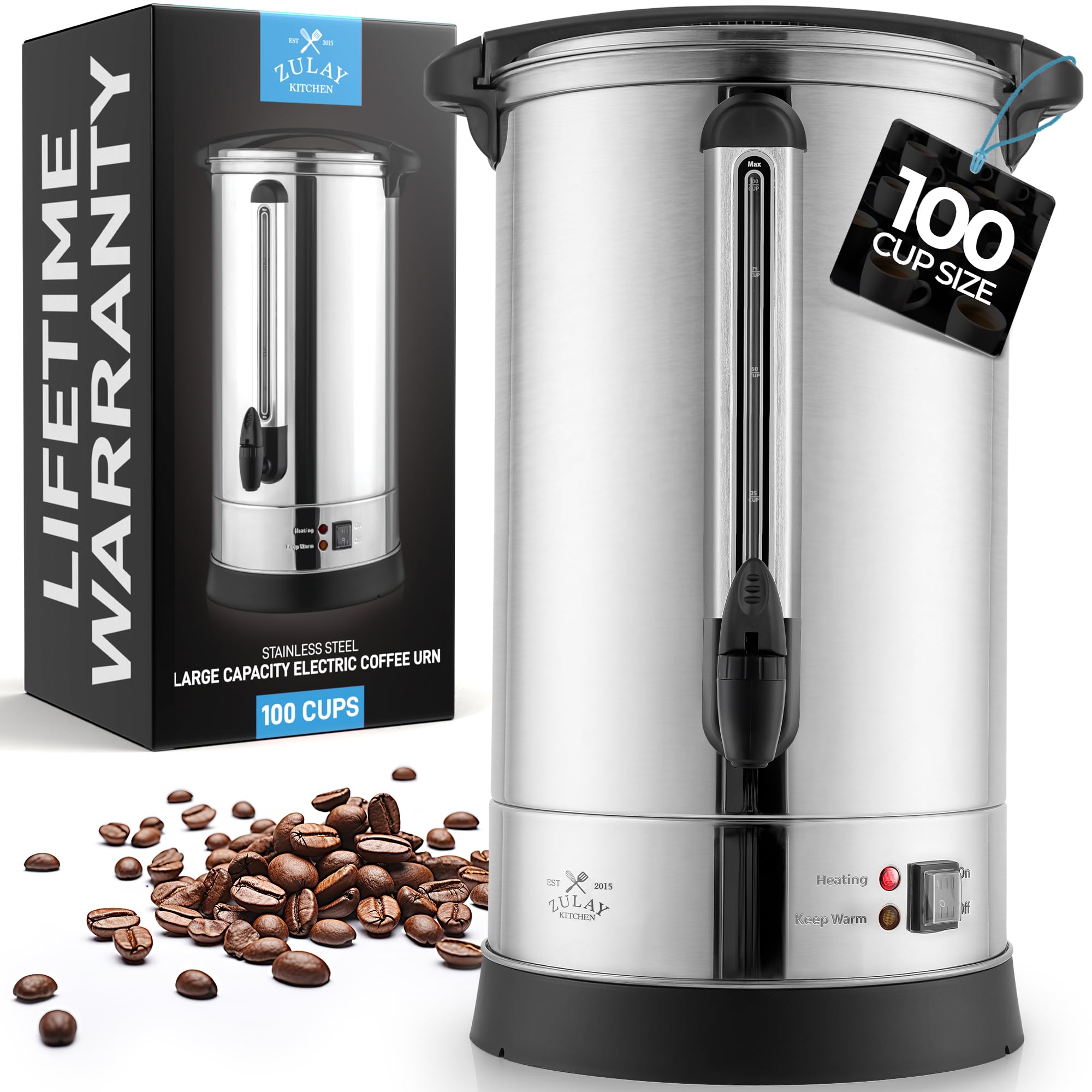Zulay Commercial 100-Cup Coffee Maker front view with double-wall insulation for heat retention