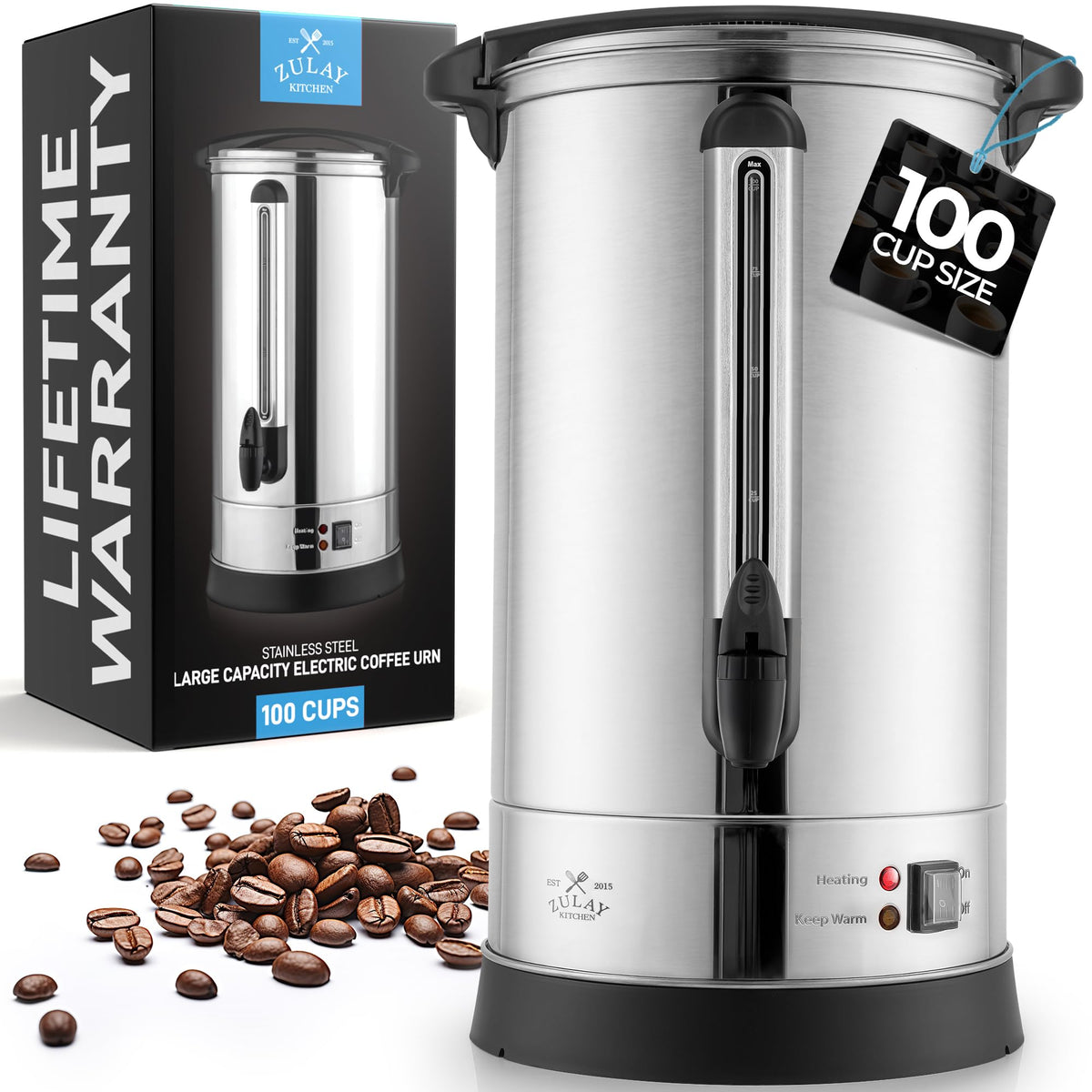Zulay Commercial 100-Cup Coffee Maker front view with double-wall insulation for heat retention