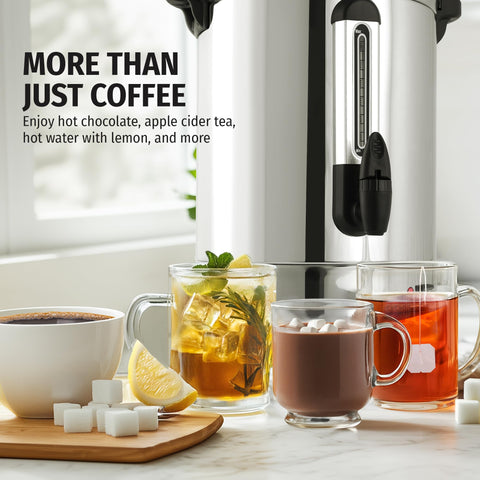 Zulay 100-Cup coffee urn side view highlighting portable design