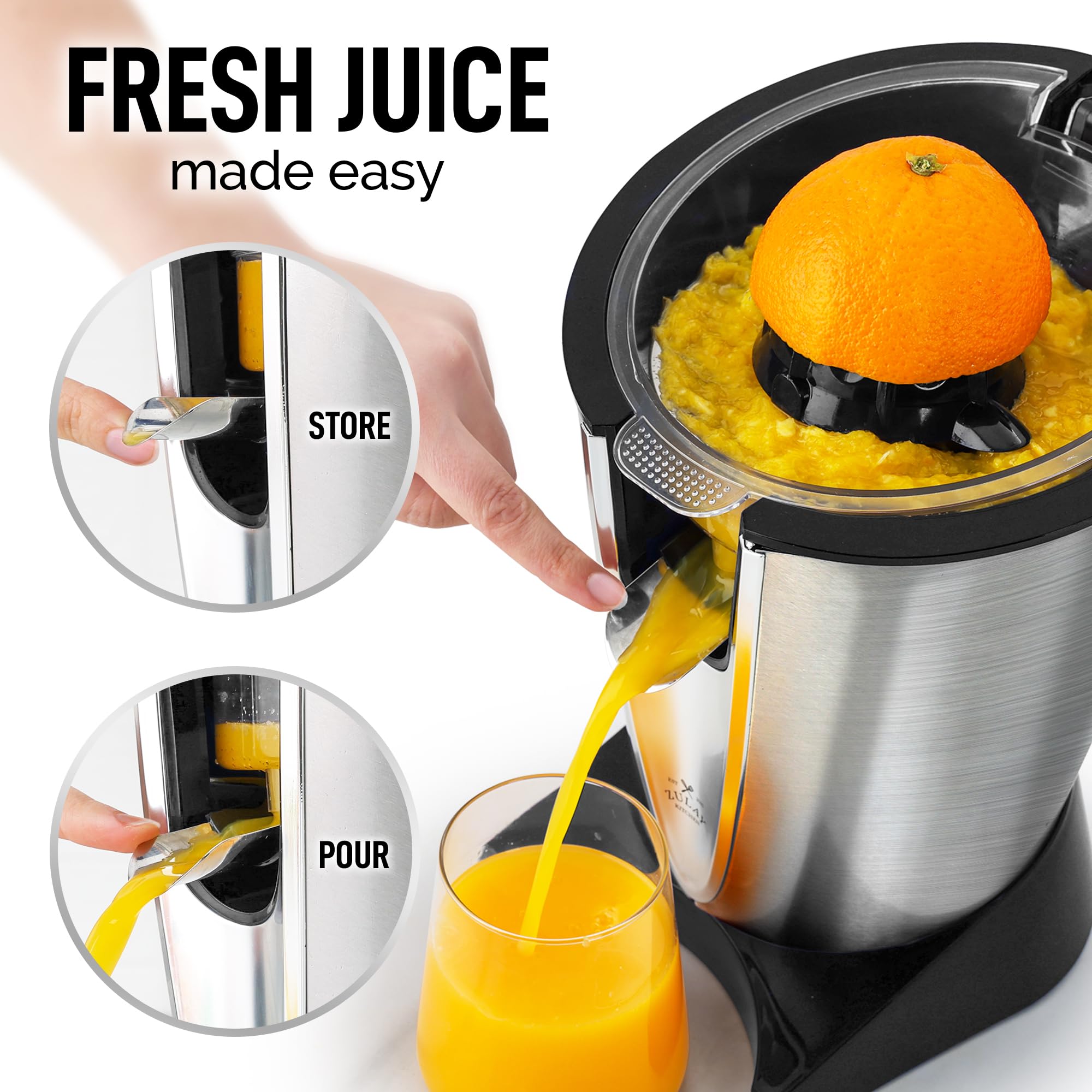 Zulay Electric Citrus Juicer large cone in action for quick, seed-free citrus.
