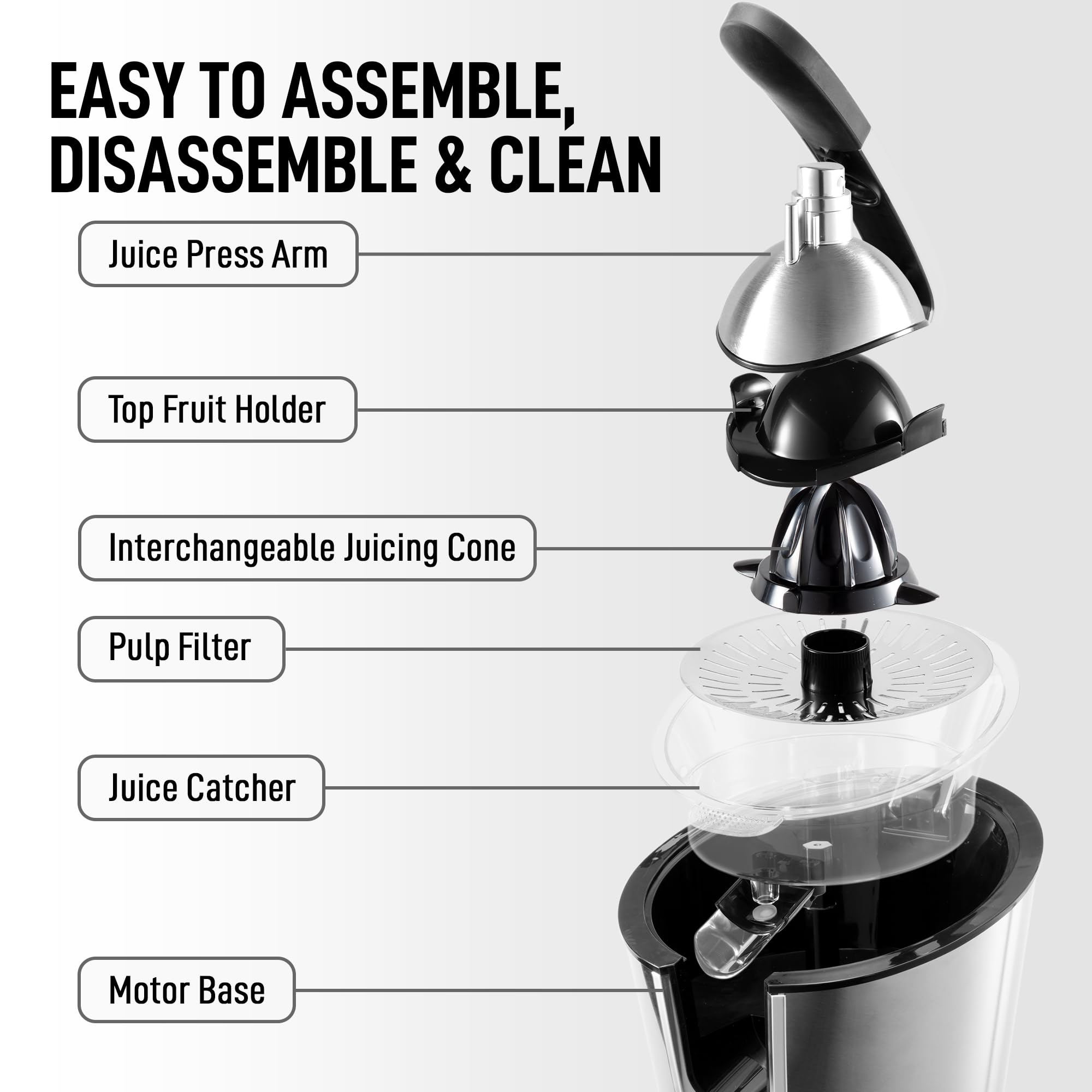 Zulay Electric Citrus Juicer stainless steel filter delivers seed-free juice.