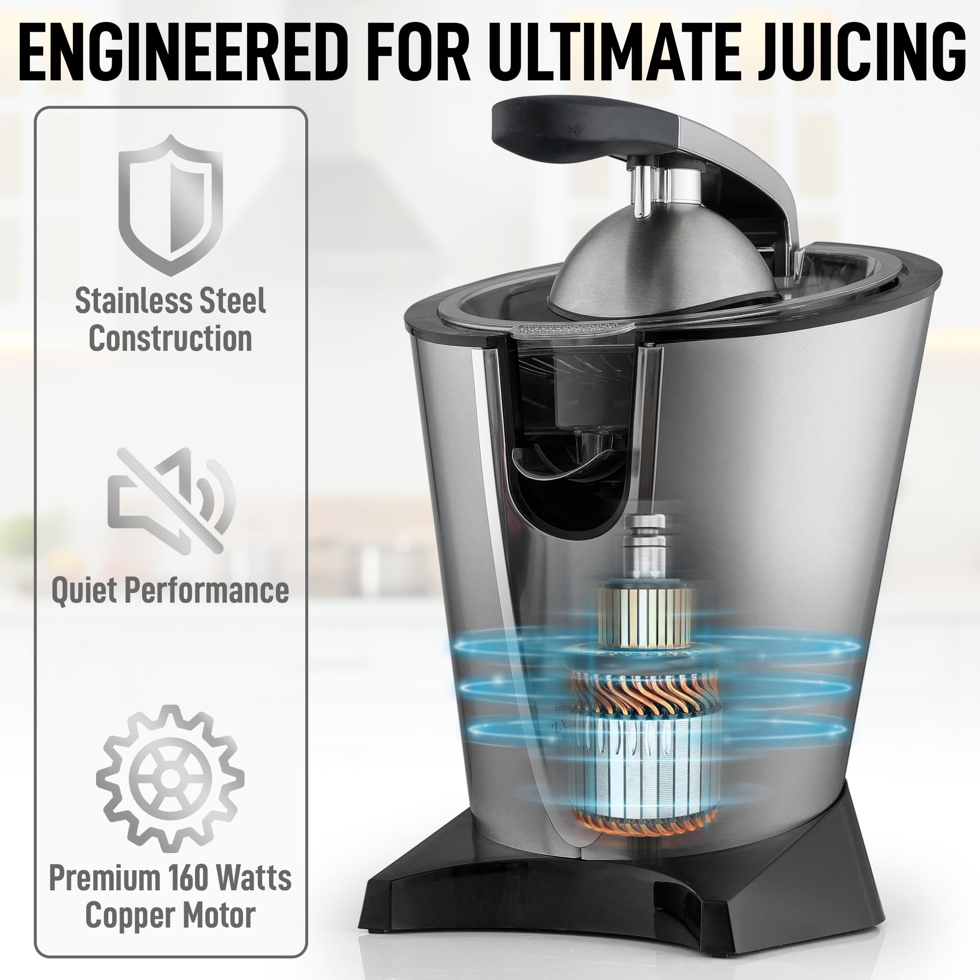 Zulay Electric Citrus Juicer durable stainless housing for everyday use.