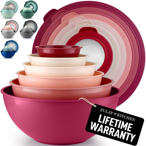 Zulay Kitchen 12-piece plastic mixing bowls with leak-proof lids for prep and storage