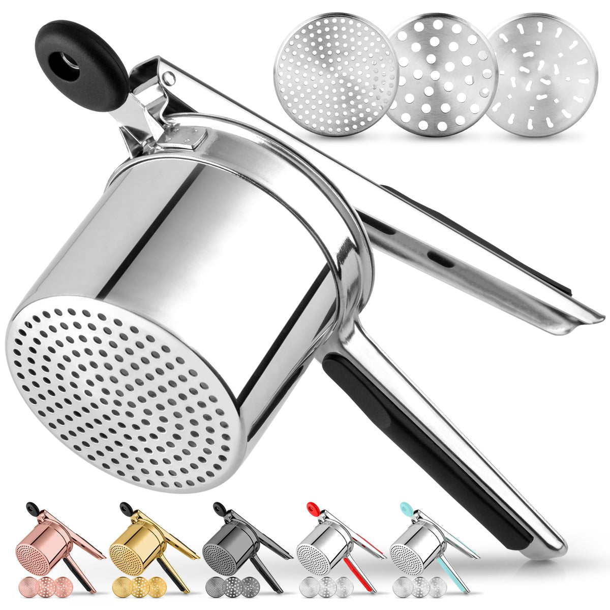 Zulay Kitchen potato ricer with deep 15oz basket for large batches of fluffy mashed potatoes.
