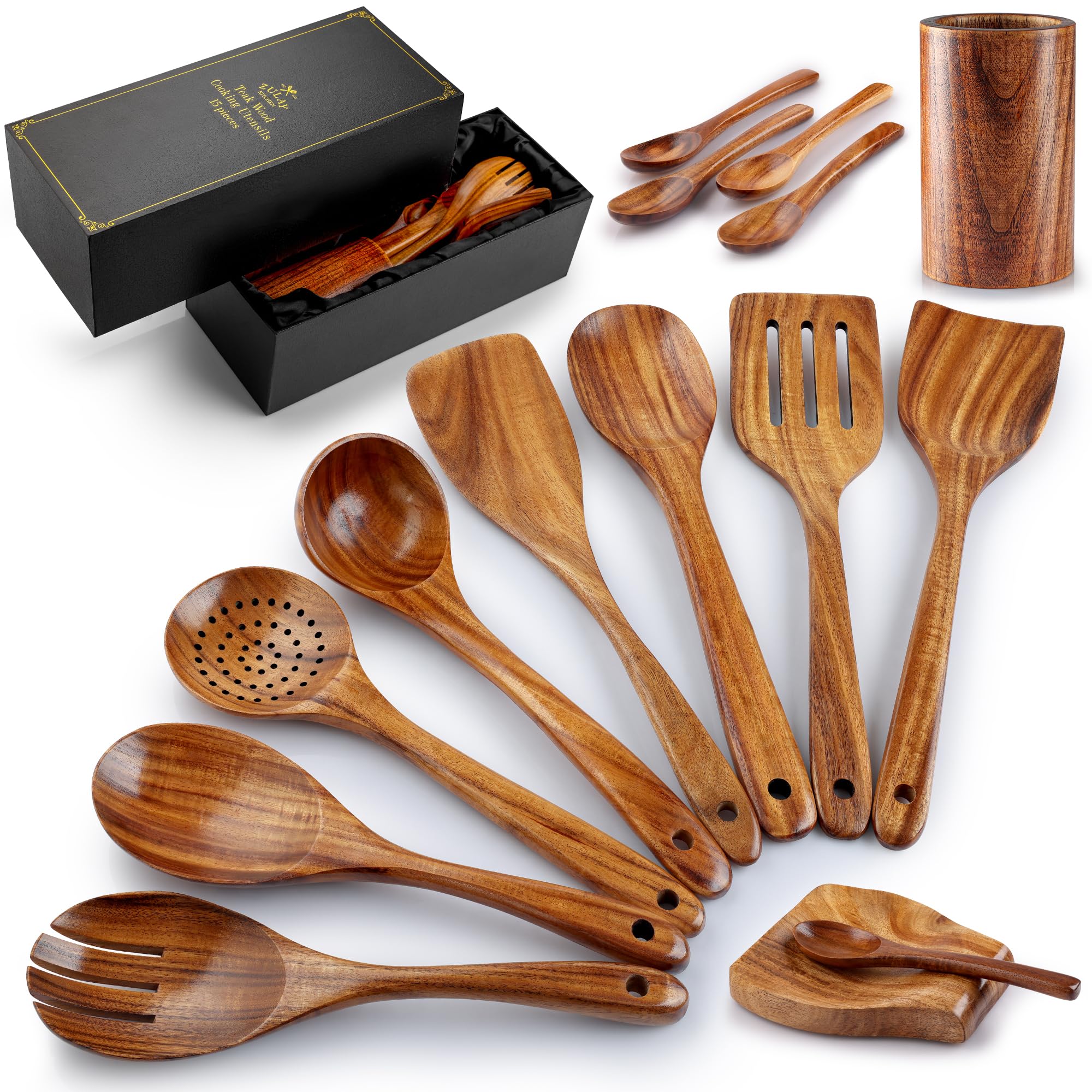 Zulay Kitchen 15pc teak utensil set in premium gift box for gifting and easy storage