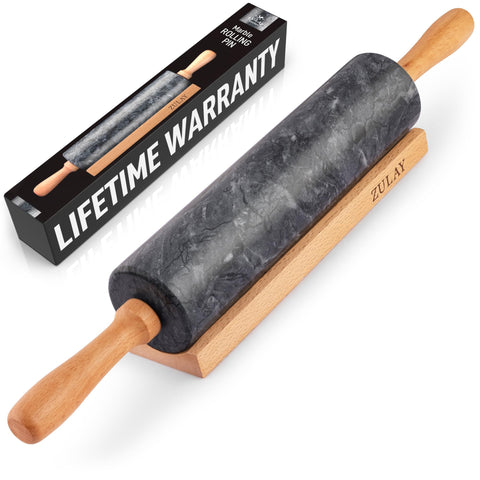 Zulay Kitchen 17-inch marble rolling pin with stand for even dough and steady control.