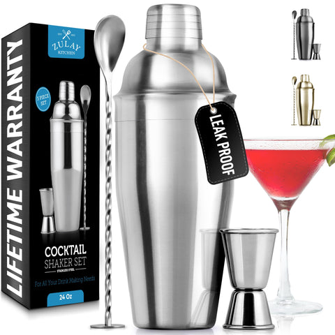 Zulay Kitchen 24oz cocktail shaker with built-in strainer for smooth, mess-free pours.