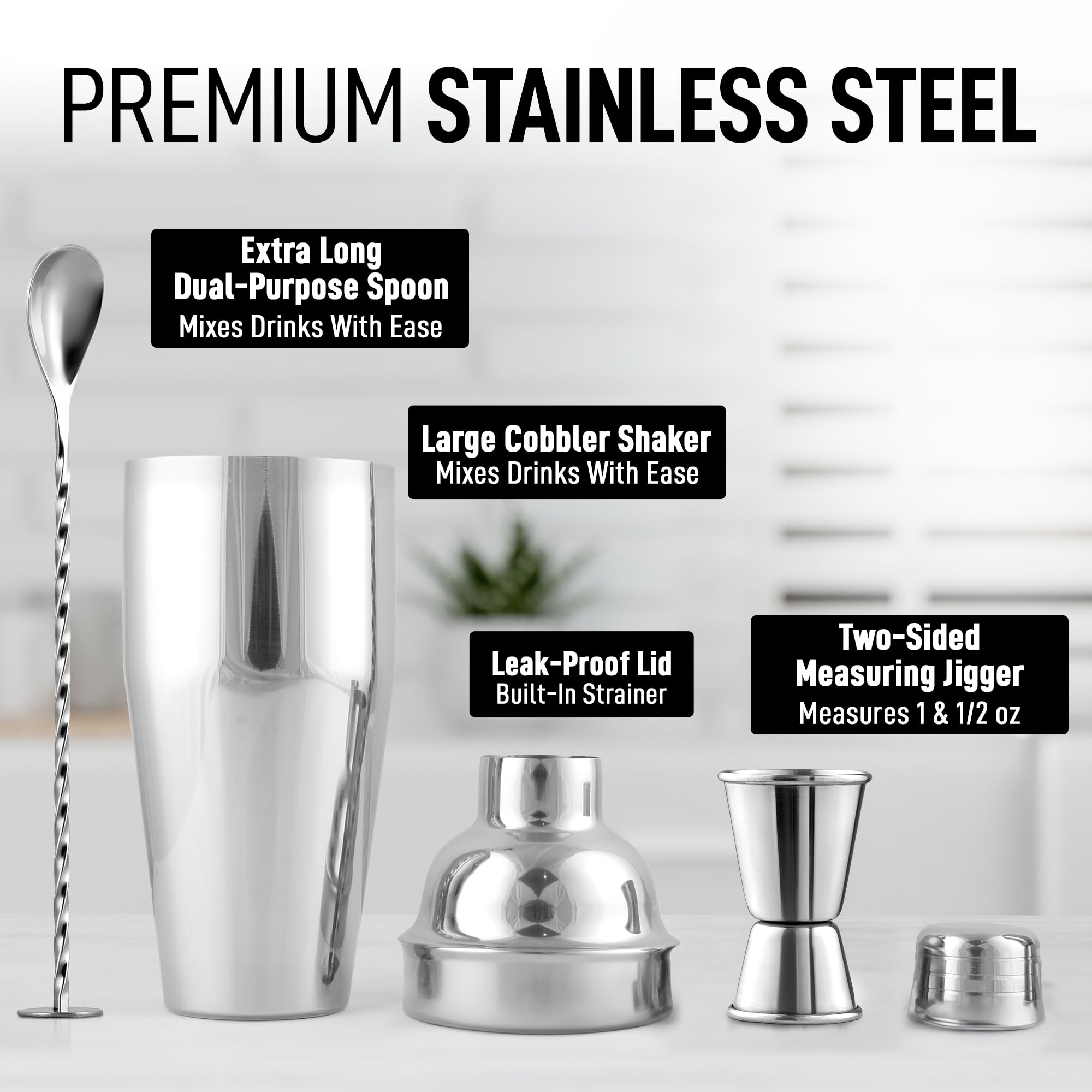 Zulay Kitchen 24oz shaker with double-sided jigger for precise pours.