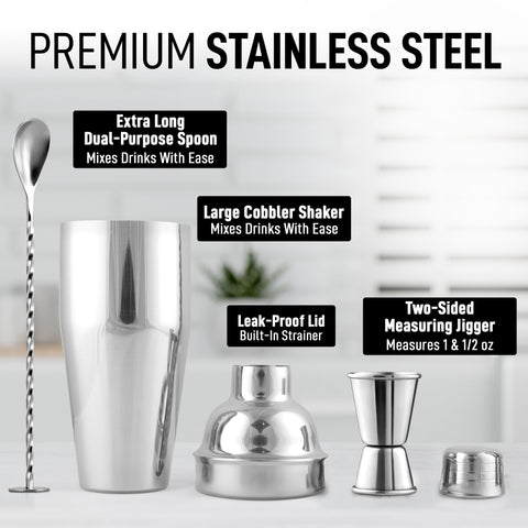 Zulay Kitchen 24oz shaker with double-sided jigger for precise pours.