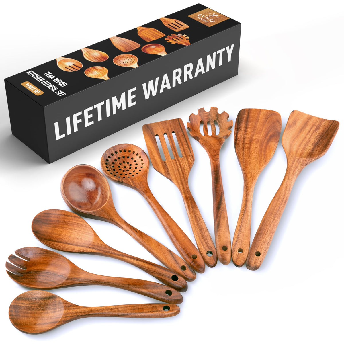 Zulay Kitchen 9 piece teak utensils laid out for easy meal prep