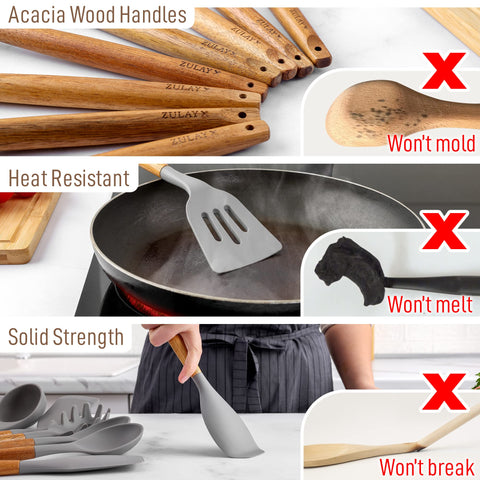 Zulay Kitchen acacia wood handles provide ergonomic grip and stylish kitchen look.