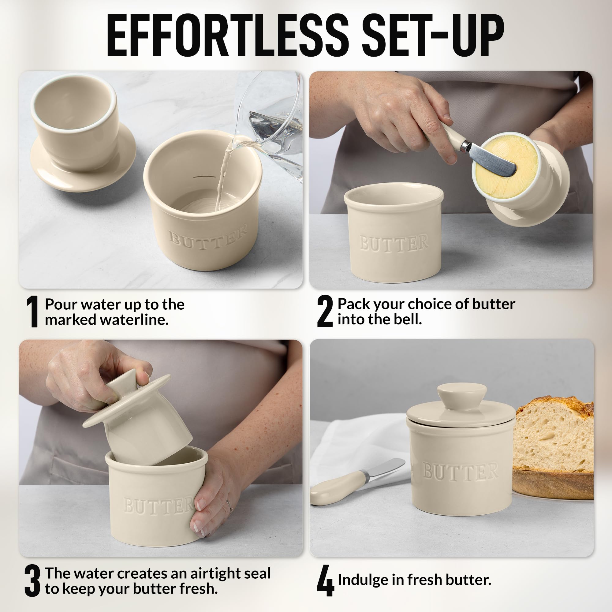 Zulay Kitchen airtight butter crock uses water to seal freshness