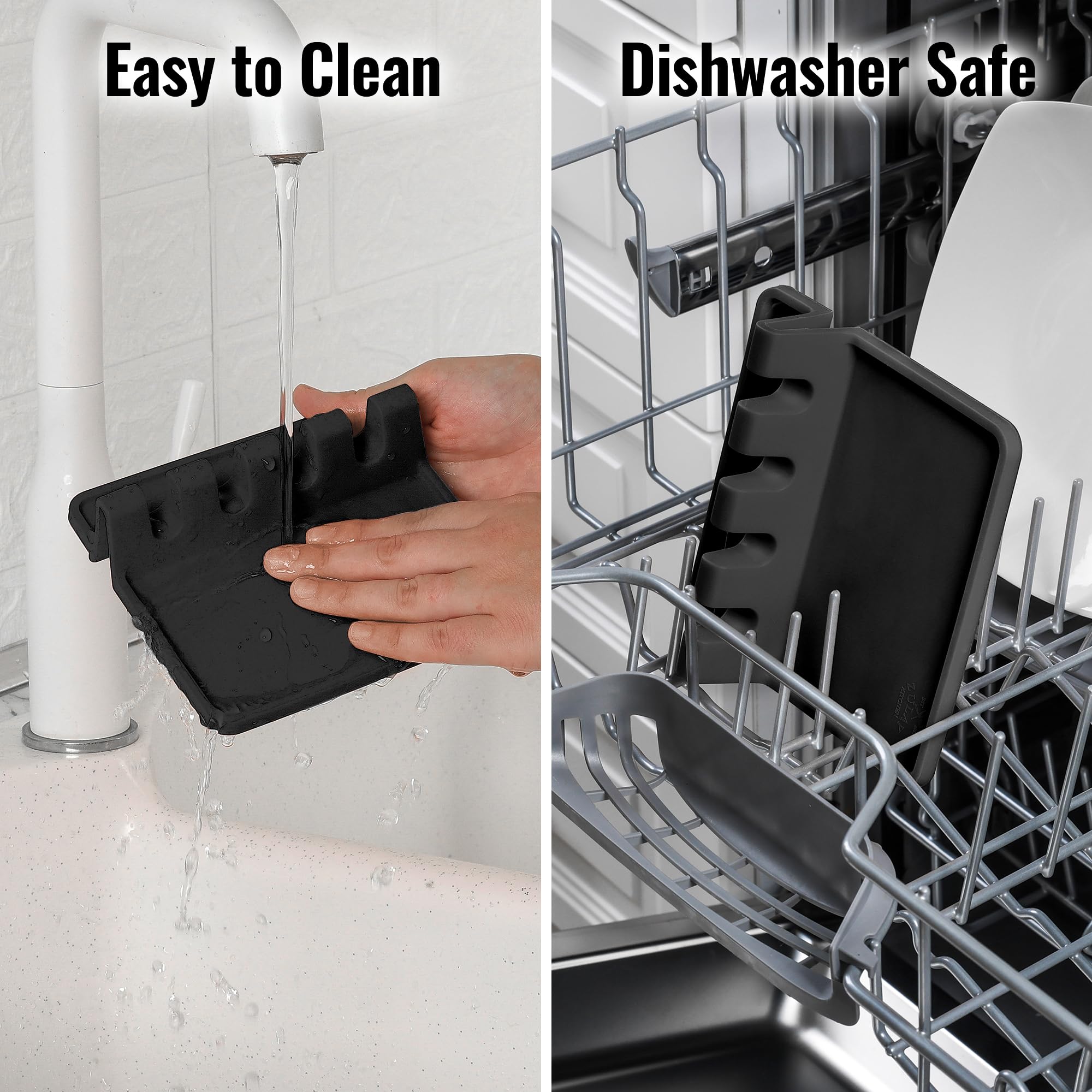 Zulay Kitchen black silicone utensil rest blends with any kitchen.