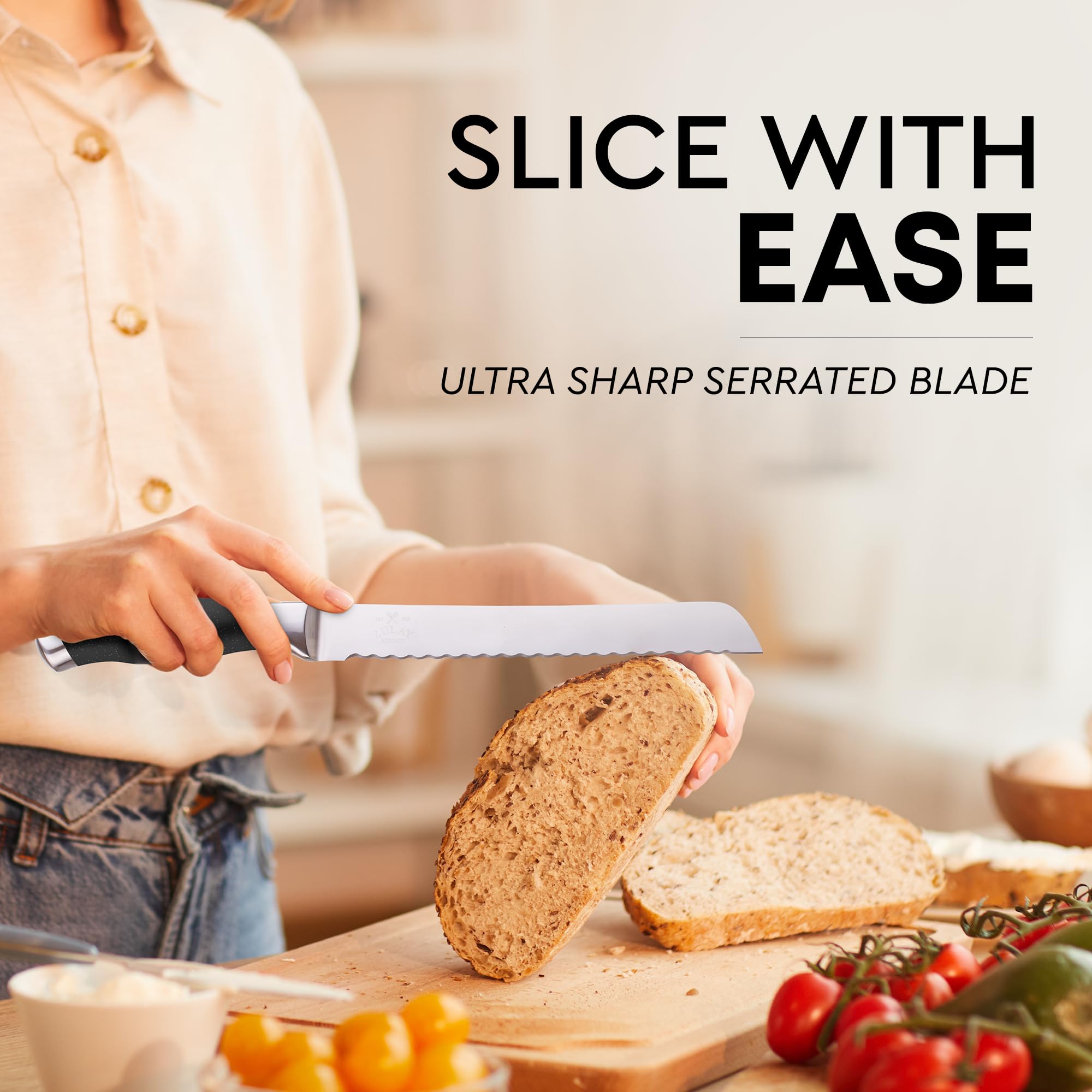Zulay Kitchen bread slicer features a rubber tip guard for secure grip.