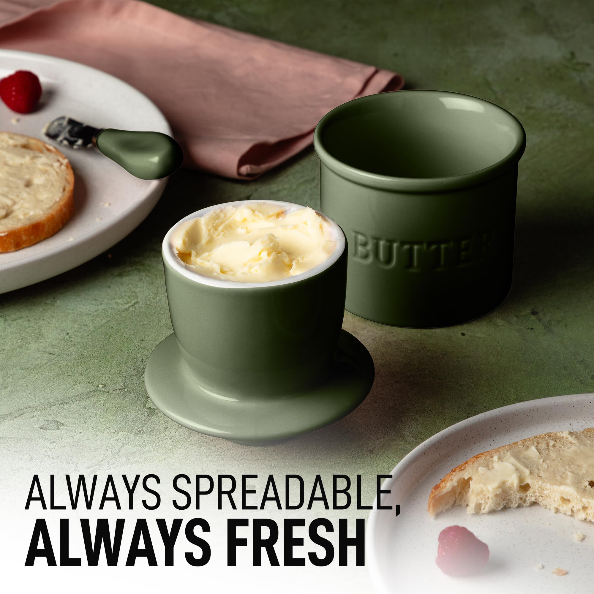 Zulay Kitchen butter crock close-up with lid highlights elegant jade-green French design.