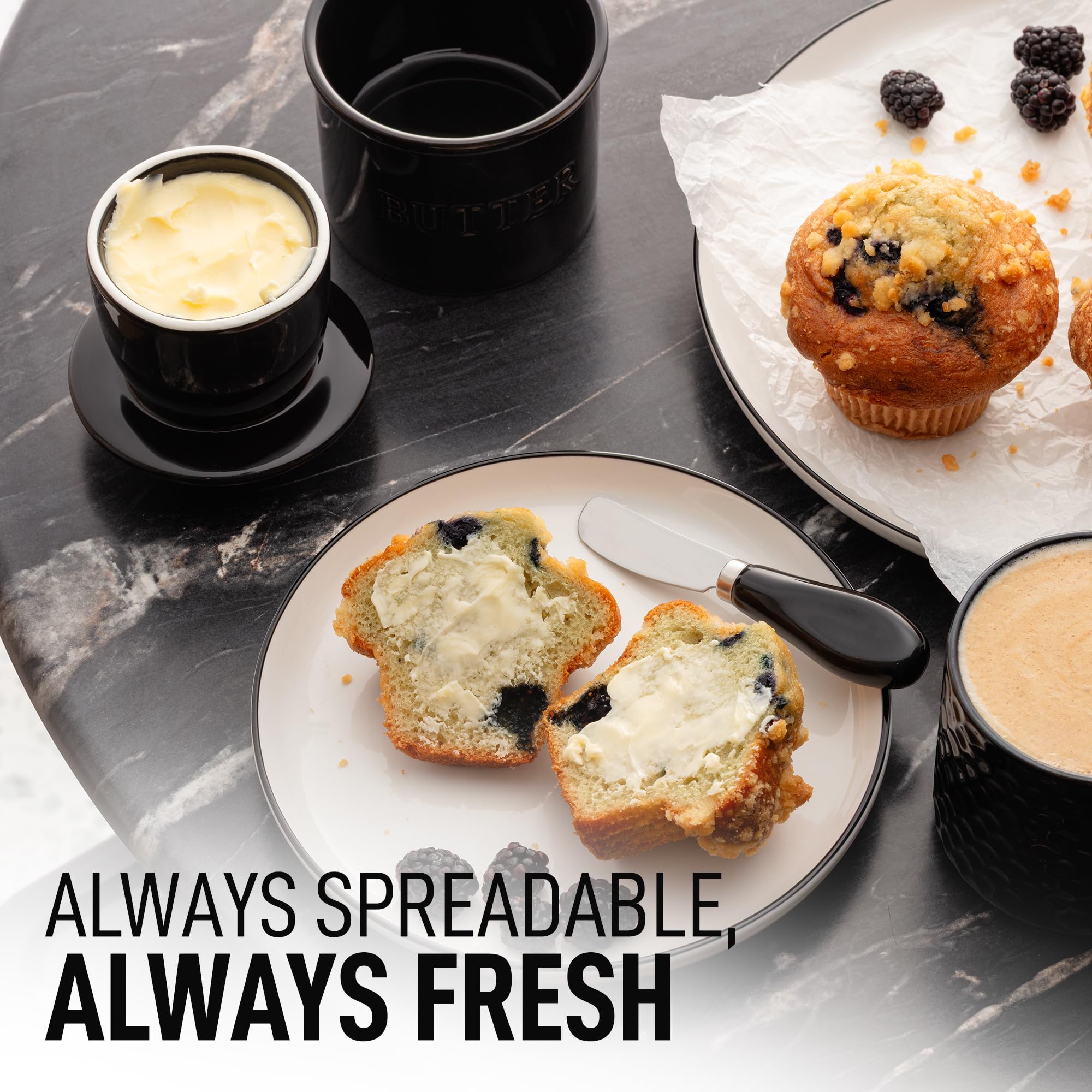 Zulay Kitchen butter crock knife included for easy, smooth spreading at table.