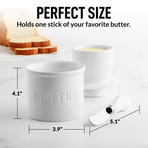 Zulay Kitchen butter crock opened side view with butter for easy spreading.