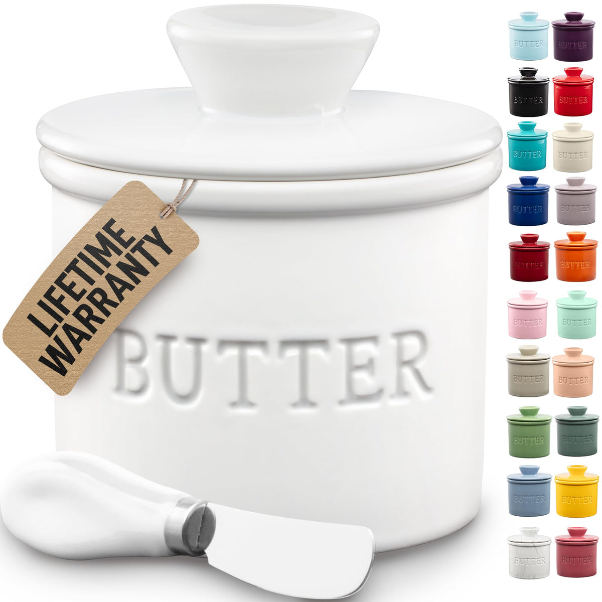 Zulay Kitchen butter crock with lid, top view showing water line for freshness.