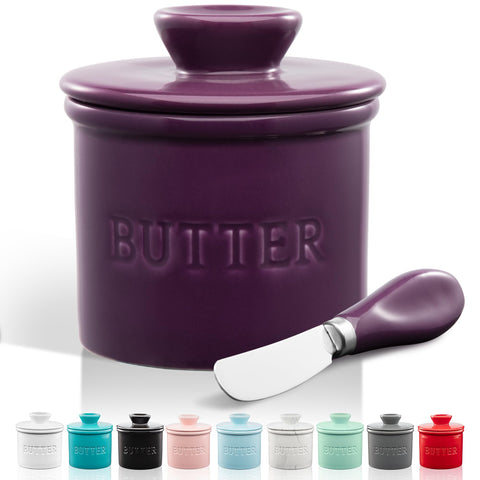 Zulay Kitchen butter crock with lid keeps butter fresh on the counter.