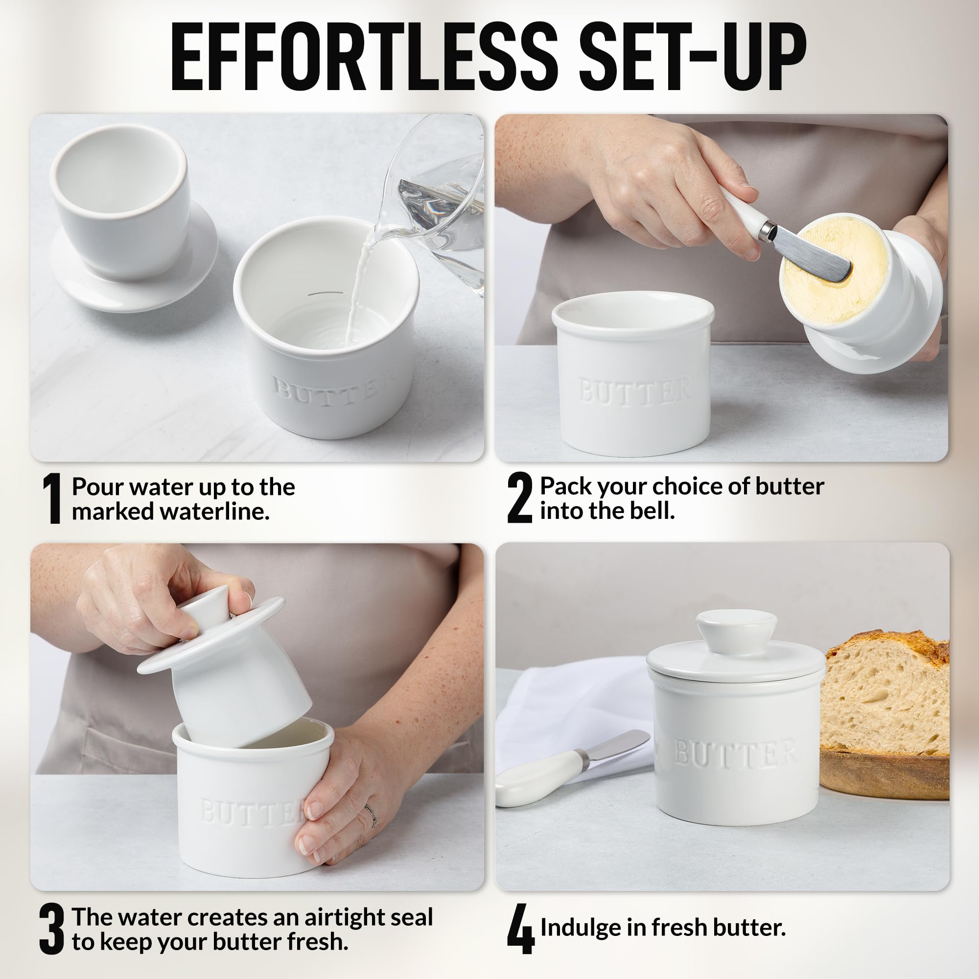Zulay Kitchen porcelain butter crock highlights white finish.