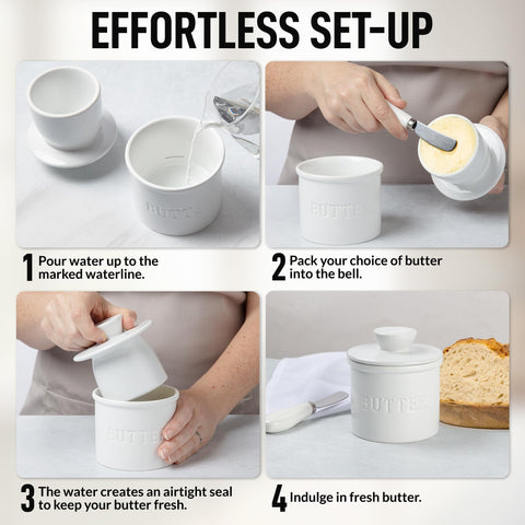 Zulay Kitchen porcelain butter crock highlights white finish.