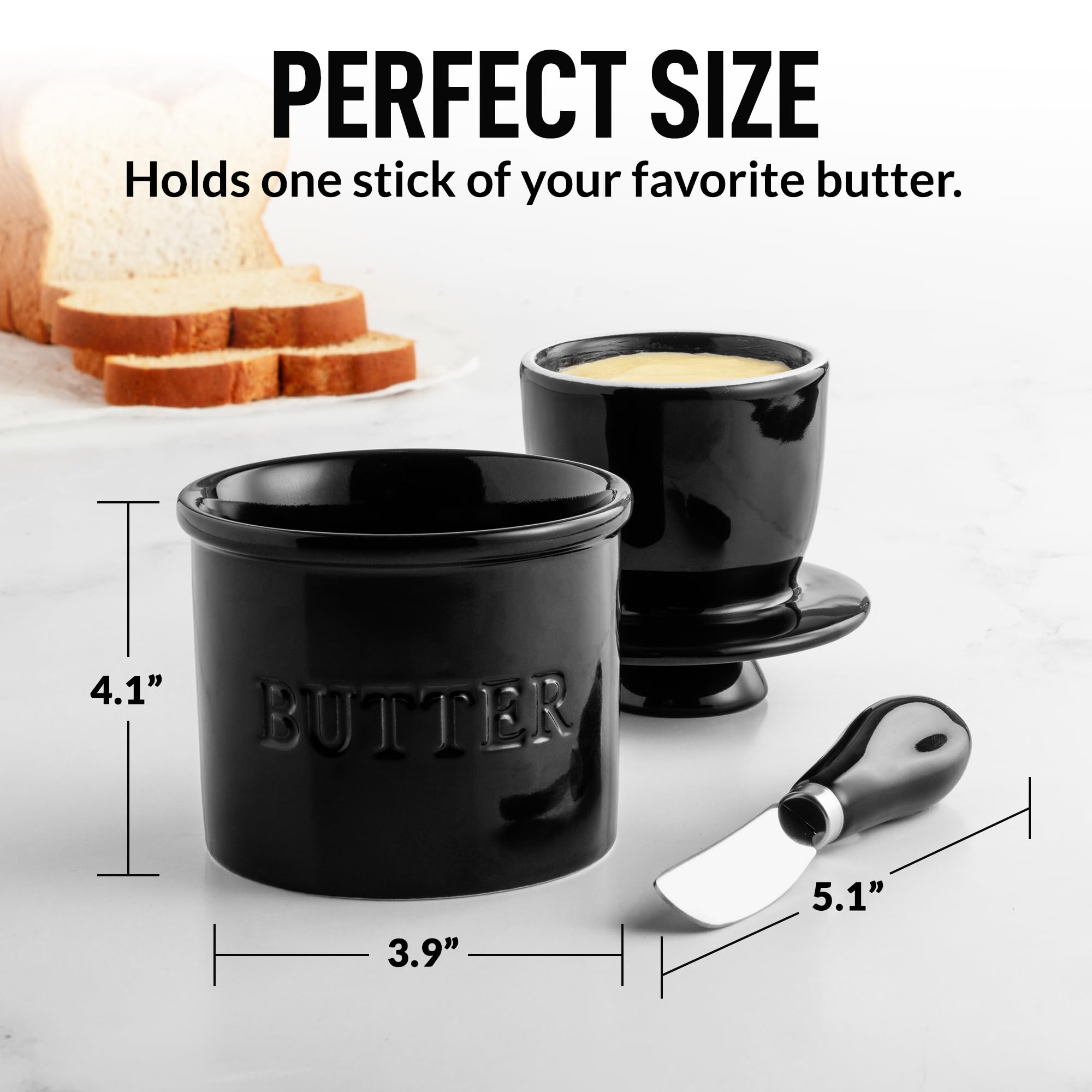 Zulay Kitchen butter crock shows spreadable butter ready on toast.