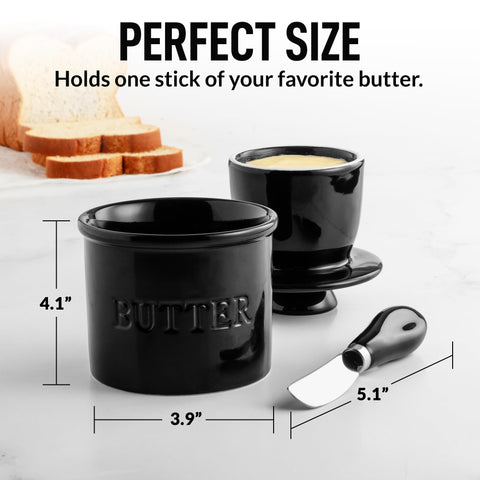 Zulay Kitchen butter crock shows spreadable butter ready on toast.