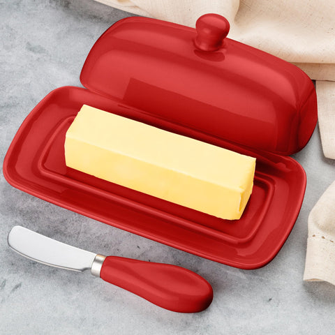 Zulay Kitchen butter dish holds standard sticks and cream cheese for versatile prep.