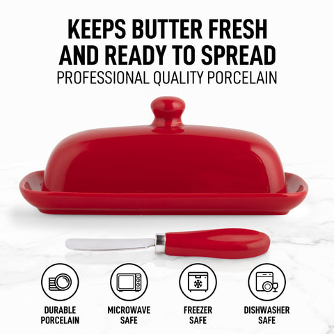 Zulay Kitchen porcelain white butter keeper with knob handle for easy lifting and serving.