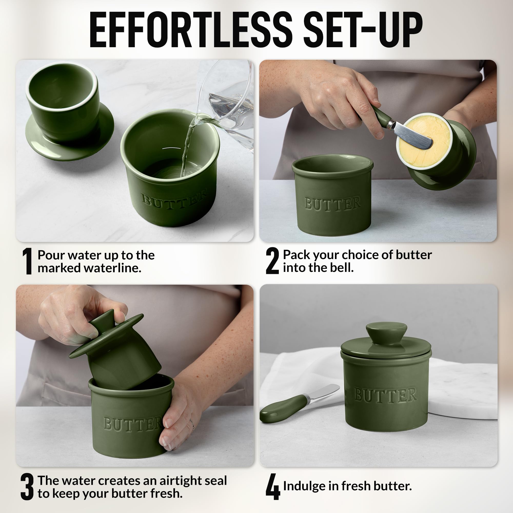 Zulay Kitchen butter knife included beside the crock for easy spreading.