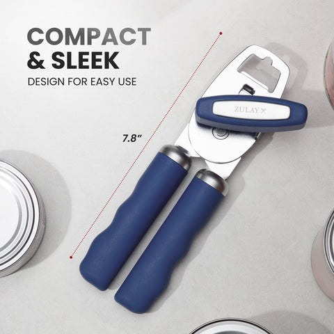 Zulay Kitchen can opener with bottle opener top, ready for quick bottle access.