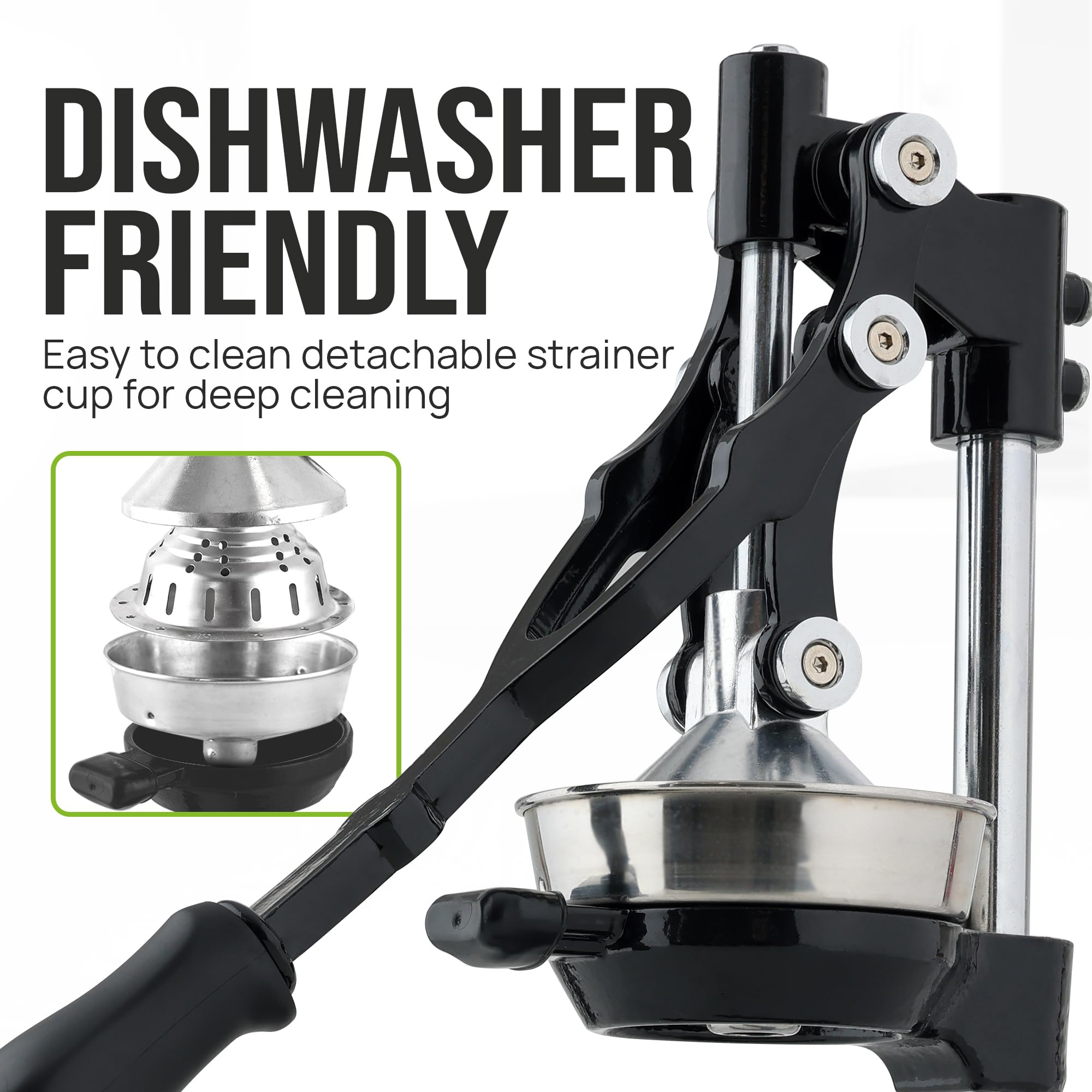 Zulay Kitchen Cast Iron Juicer dishwasher-safe parts for quick cleanup.