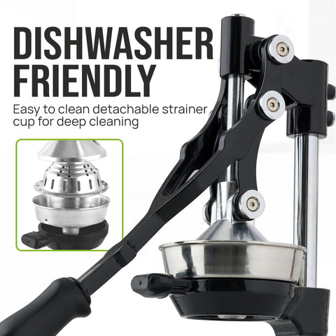 Zulay Kitchen Cast Iron Juicer dishwasher-safe parts for quick cleanup.