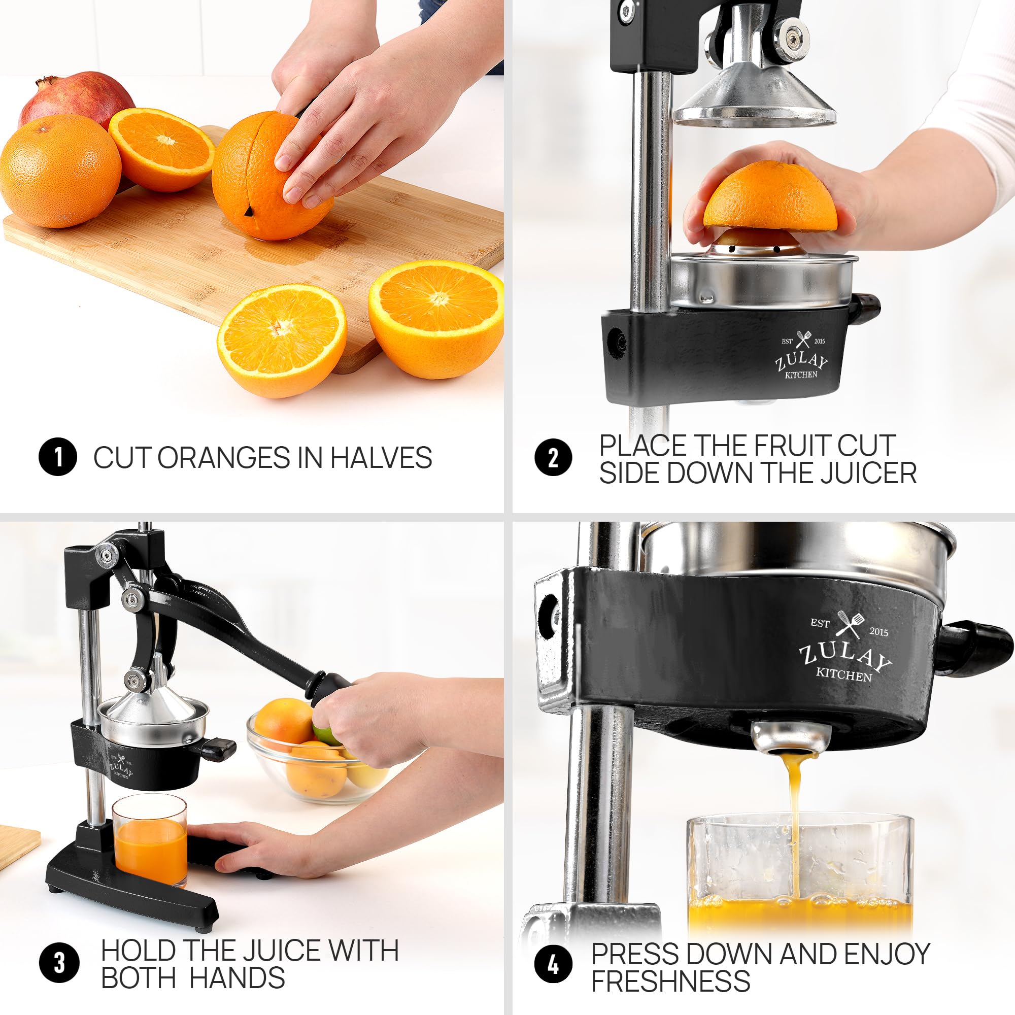 Zulay Kitchen Cast Iron Juicer sturdy base prevents slipping on counters.